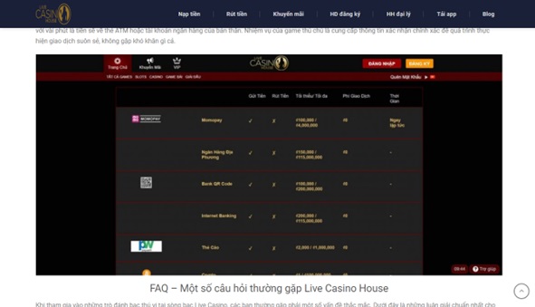 Gửi và rút tiền tại Live Casino House